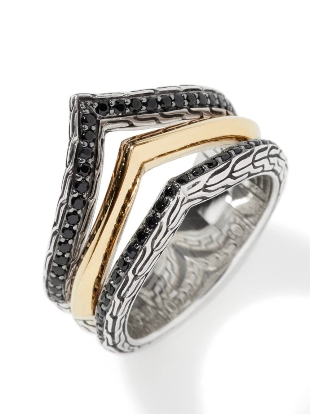 JOHN HARDY Tiga Multi Row Ring Black Sapphire & Black Spinel Sterling Silver 7